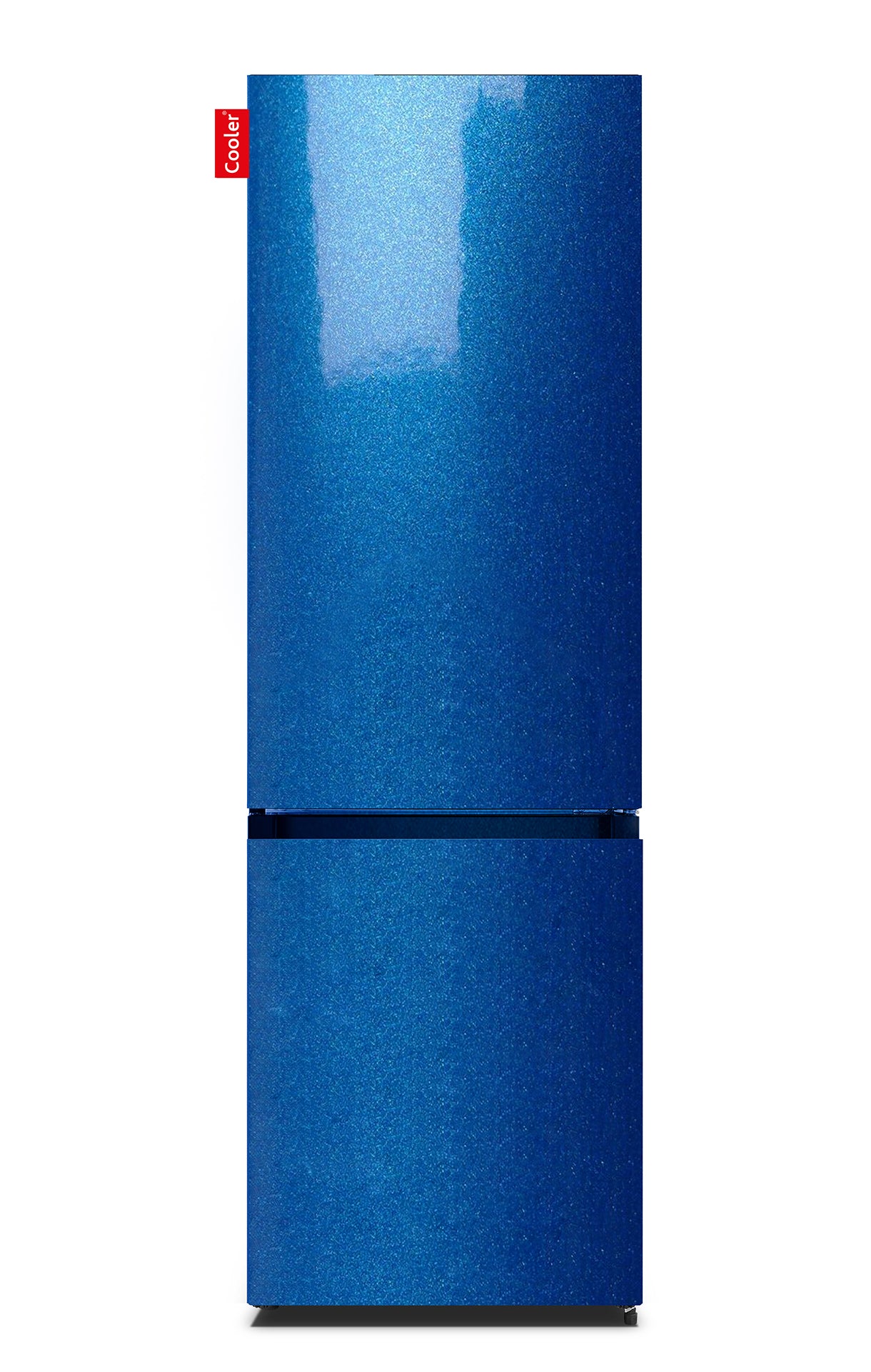 Blauwe koelkast met apart vriezergedeelte onderaan (Blue Metallic Gloss, Large Combi Original, Cooler Fridge)