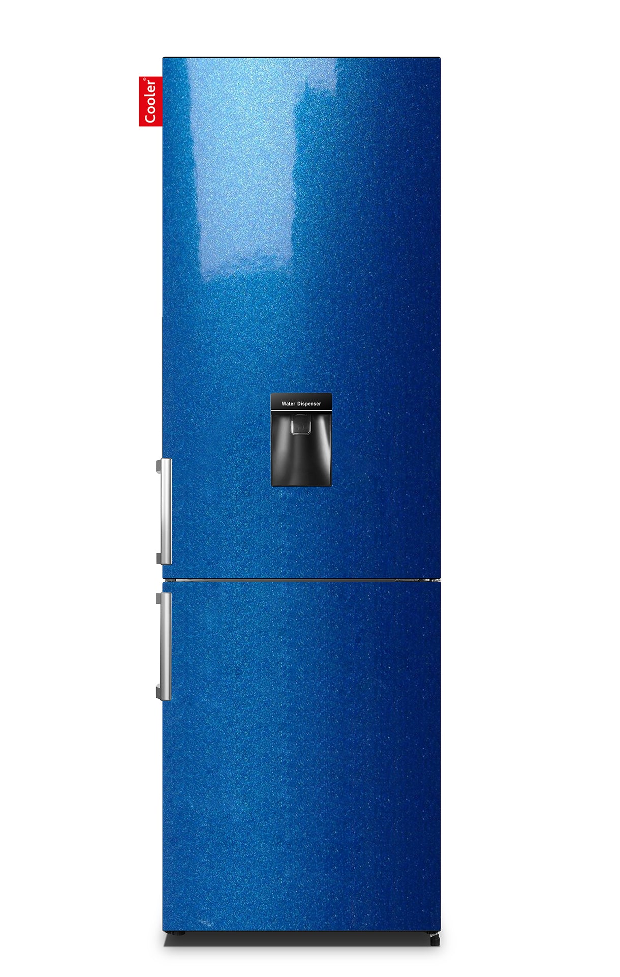 Blauwe koelkast met waterdispenser en apart vriezergedeelte onderaan (Blue Metallic Gloss, Large H2O Original, Cooler Fridge)