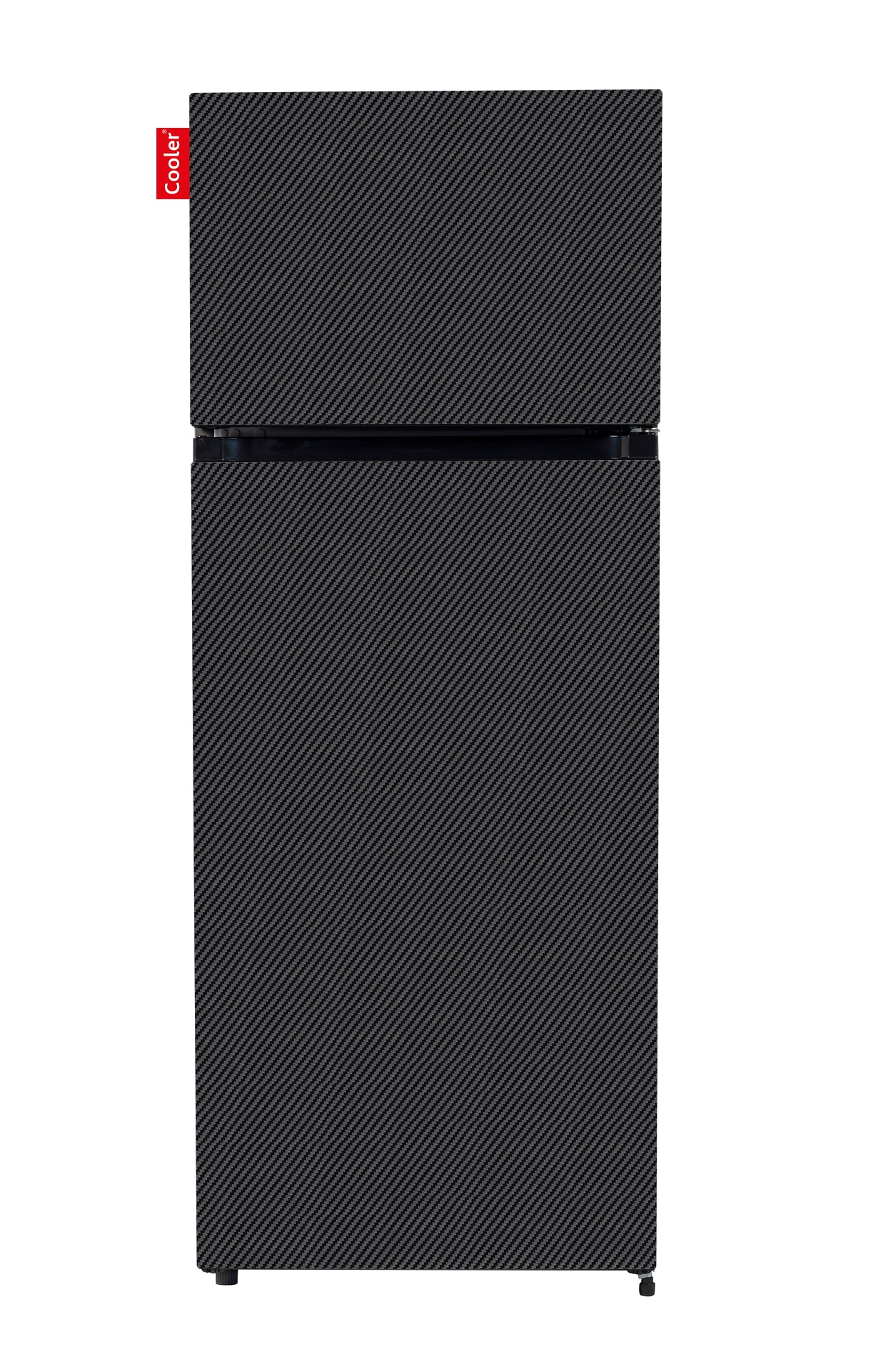 Zwarte koelkast met apart vriesvak bovenaan (Carbon Fiber Black, Medium Original, Cooler Fridge)