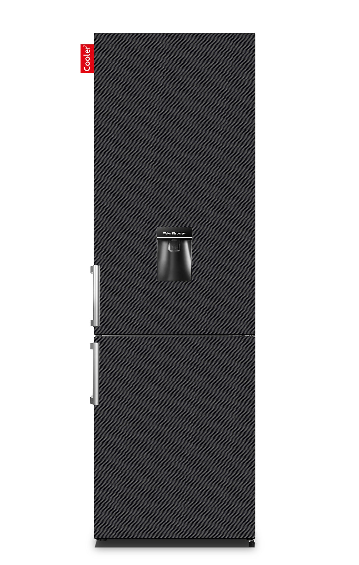 Zwarte koelkast met waterdispenser en apart vriezergedeelte onderaan (Carbon Fiber Black, Large H2O Original, Cooler Fridge)