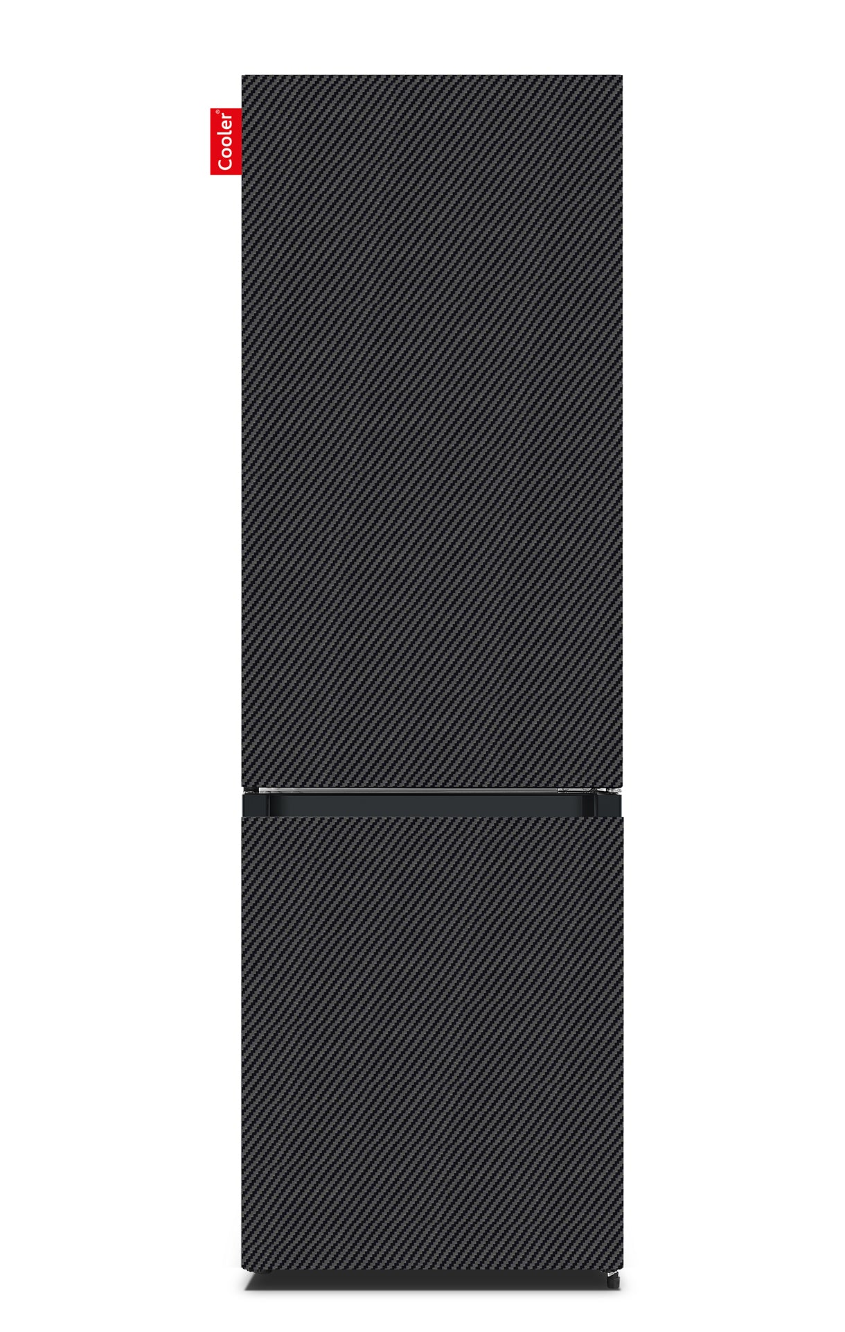 Zwarte koelkast met apart vriezergedeelte onderaan (Carbon Fiber Black, Large Combi Original, Cooler Fridge)