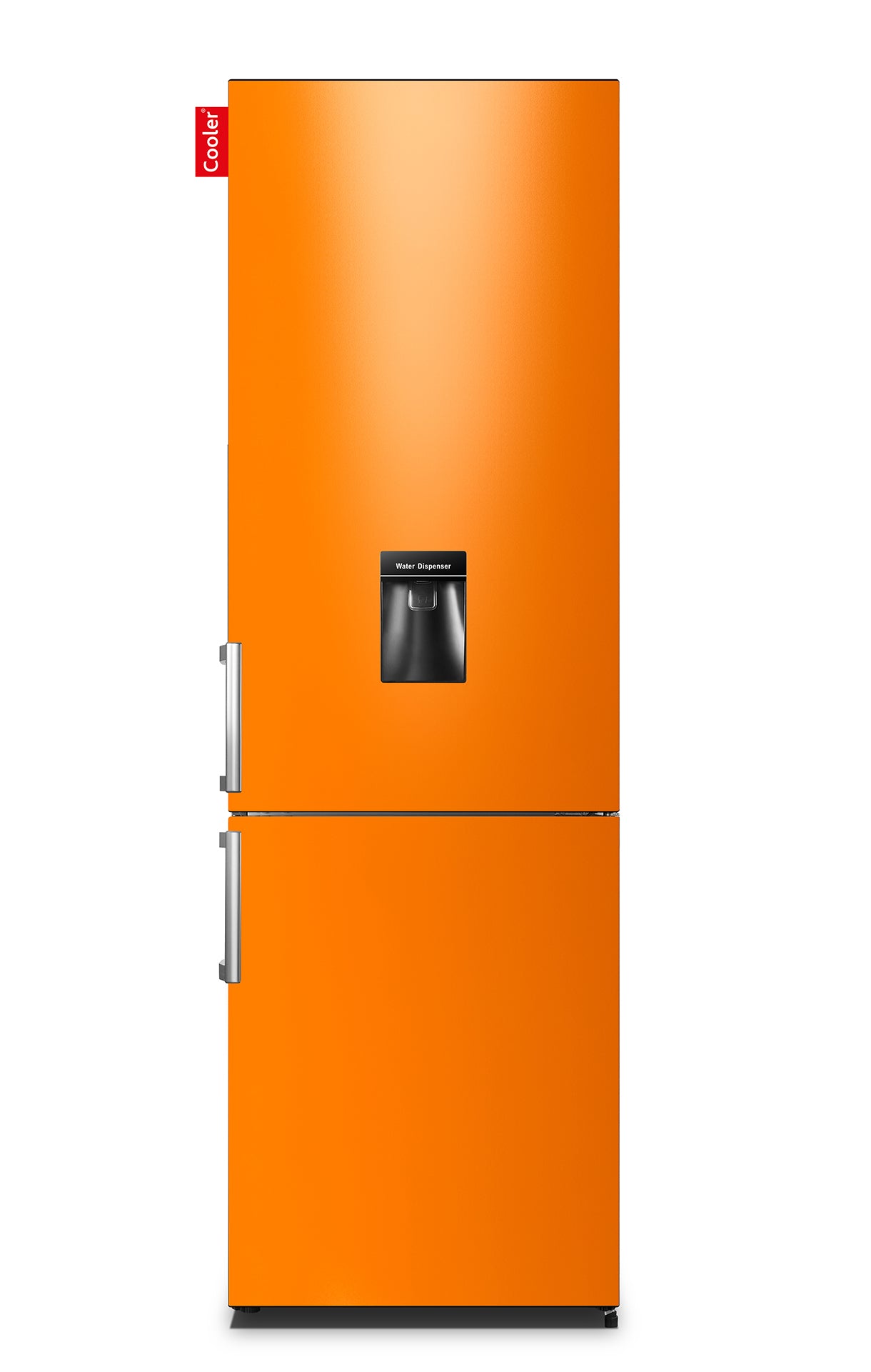 Oranje koelkast met waterdispenser en apart vriezergedeelte onderaan (Gloss Bright Orange, Large H2O Original, Cooler Fridge)