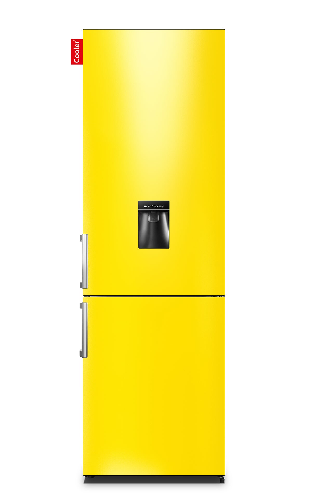 Gele koelkast met waterdispenser en apart vriezergedeelte onderaan (Lucid Yellow Gloss, Large H2O Original, Cooler Fridge)